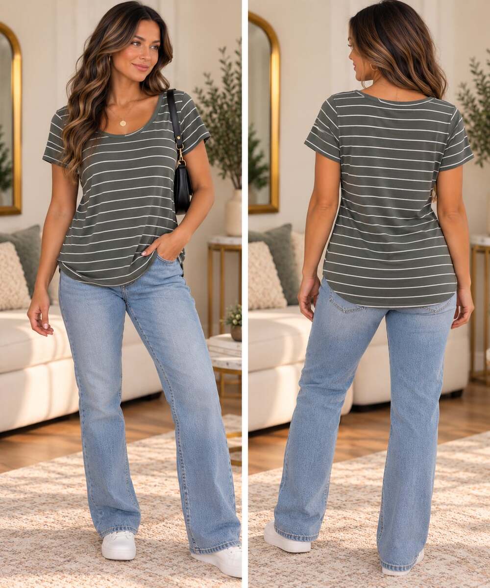 Minimalist Casual Gray Green Striped Scoop Neck Tee 24/7 Comfort Size M